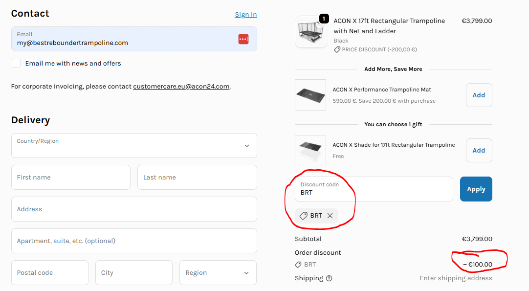 ACON BRT Discount Code Applied